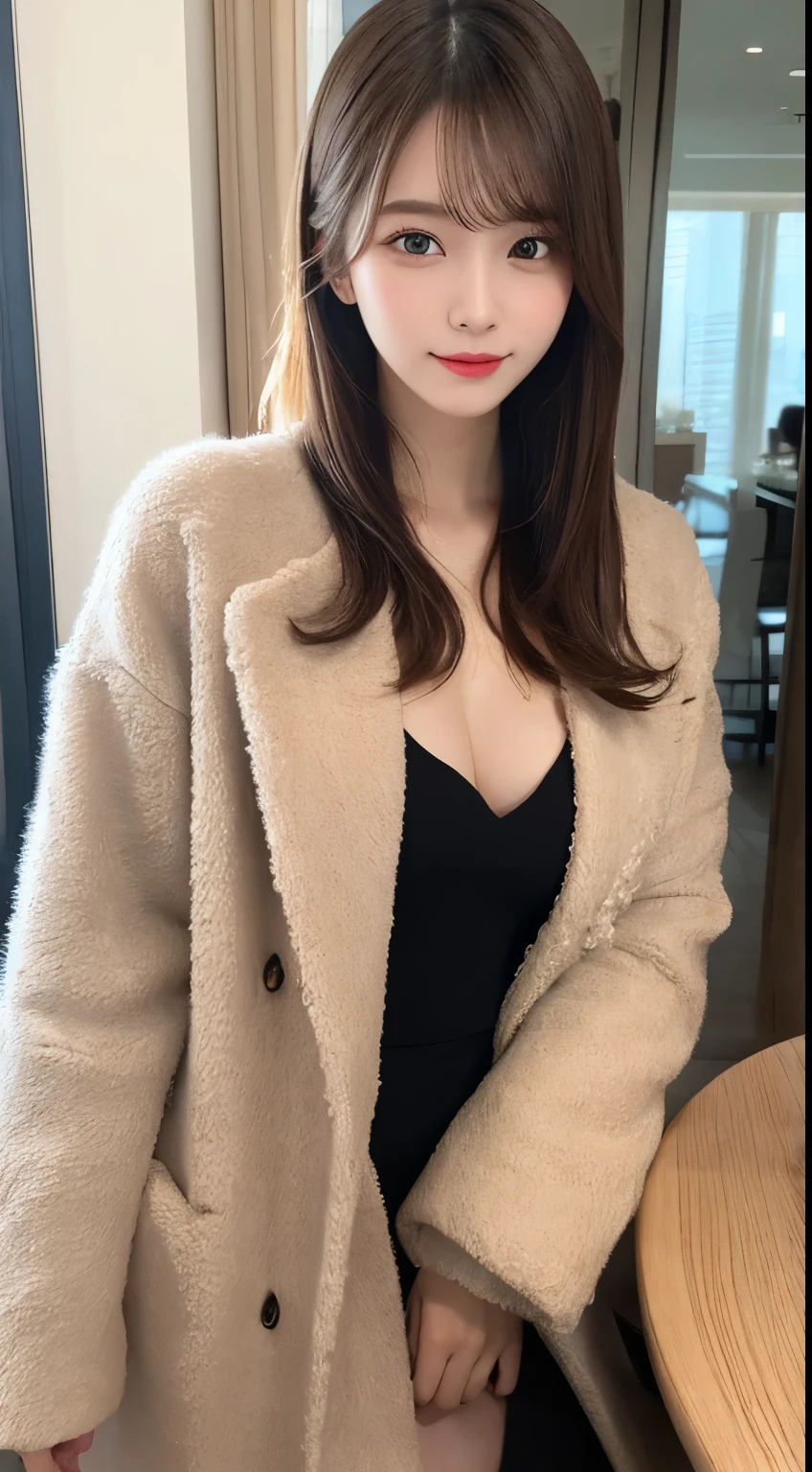 table top, highest quality, shape, Super detailed, finely, High resolution, 8k wallpaper, 完璧なダイナミックな構shape, beautiful and detailed eyes, straight hair, small breasts, natural color lip, random sexy pose,smile,20 year old girl、midnight、Beautiful and dense face、perfect and beautiful face,Big eyes、Raw photo、Expressing feminine poses with your whole body、beautiful and detailed eyes、small face、beautiful duplex、slim face and style,luxury brand mink coat(internal:winter dress)、beautiful golden ratio face,twin ponytail hair,bright look,Shooting with a focus on beautiful legs、real photos