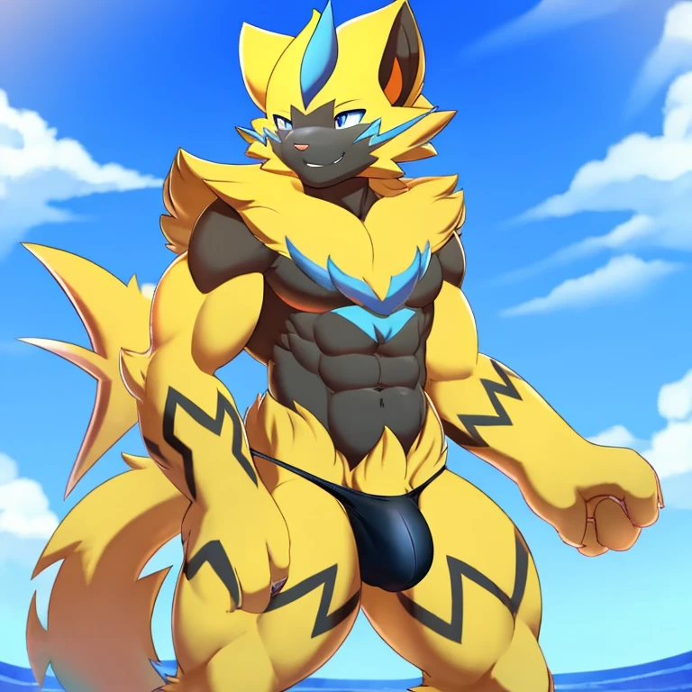 zeraora, wearing a tiny black thong, bulge, standing, smile, male, muscular