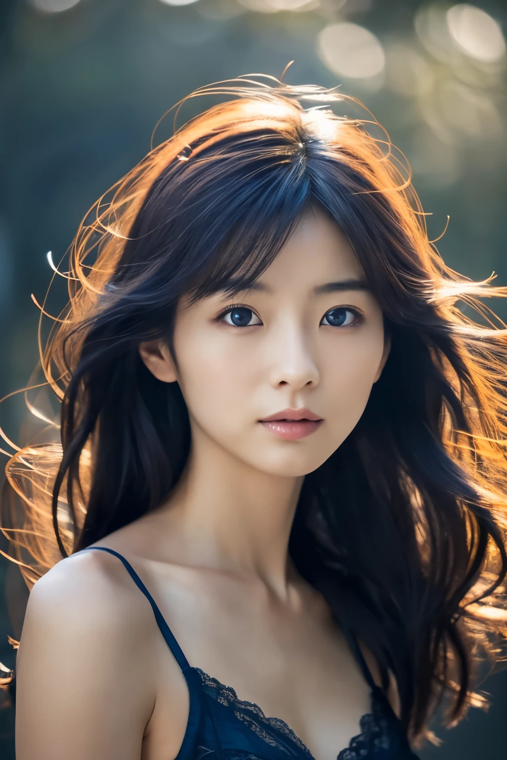 cinematic color, Skinny Japanese woman, 30 years old, cute face, detailed face, detailed eyes, (best quality, ultra-detailed), feminin lighting, messy hair, wearing dark blue lingeries, delicate features, dreamy atmosphere