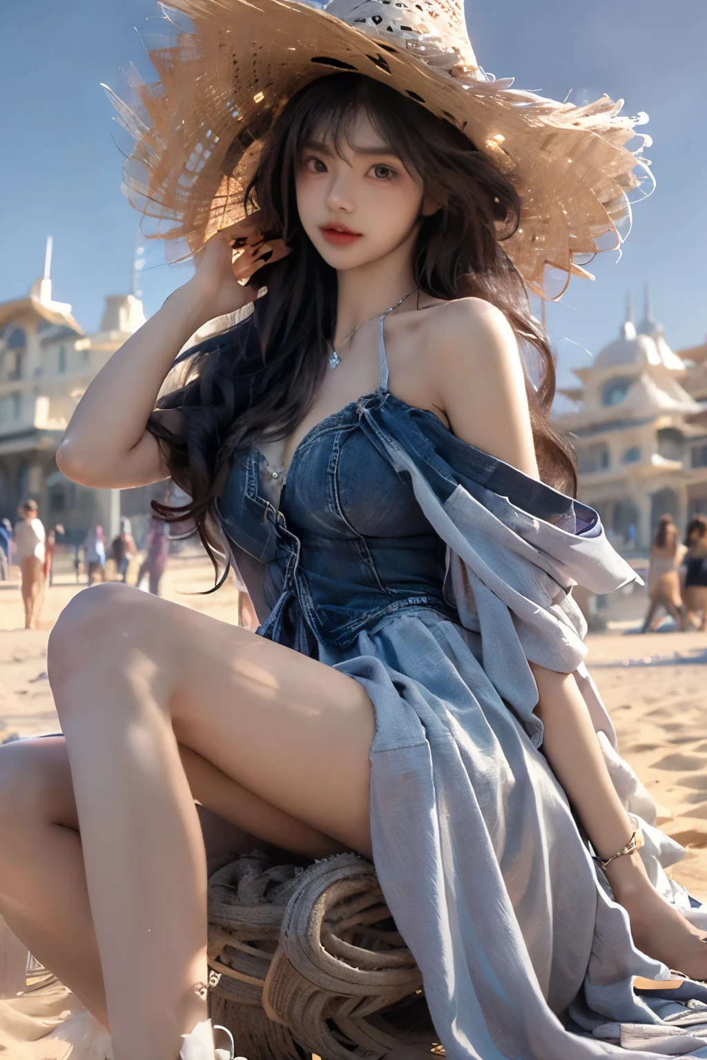 Beautiful woman with perfect body：1.4，layered hairstyle，prominent cleavage：1.5，Purple miniskirt，Highly detailed facial and skin textures，double eyelids，whiten skin，long hair，Whitened long legs，sitting on the beach