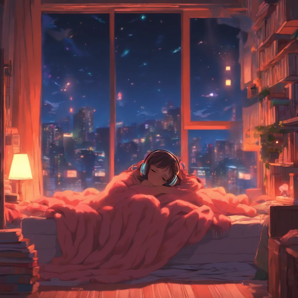 a girl, lying sleeping, wearing a big sweater, wearing headphones, legs covered with a blanket, lofi, calm, calm atmosphere, in her room looking at the window, cool, night, quiet night, masterpiece, best quality