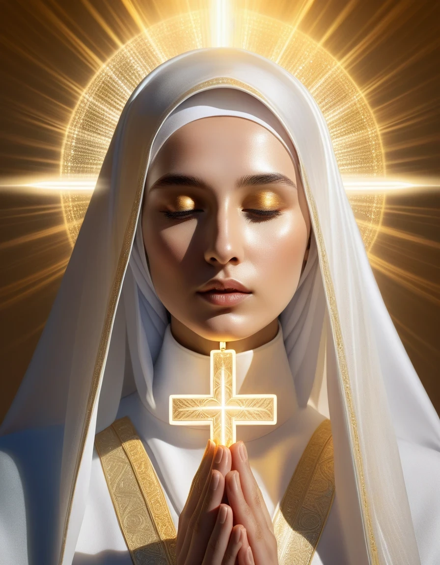Nun with white veil, holographic style, re-imagined religious art, ultra-detailed illustrations, glowing reflections, realistic and ultra-detailed rendering, golden glow,cross,Ethereal,Pious,pray,HolyLight background
