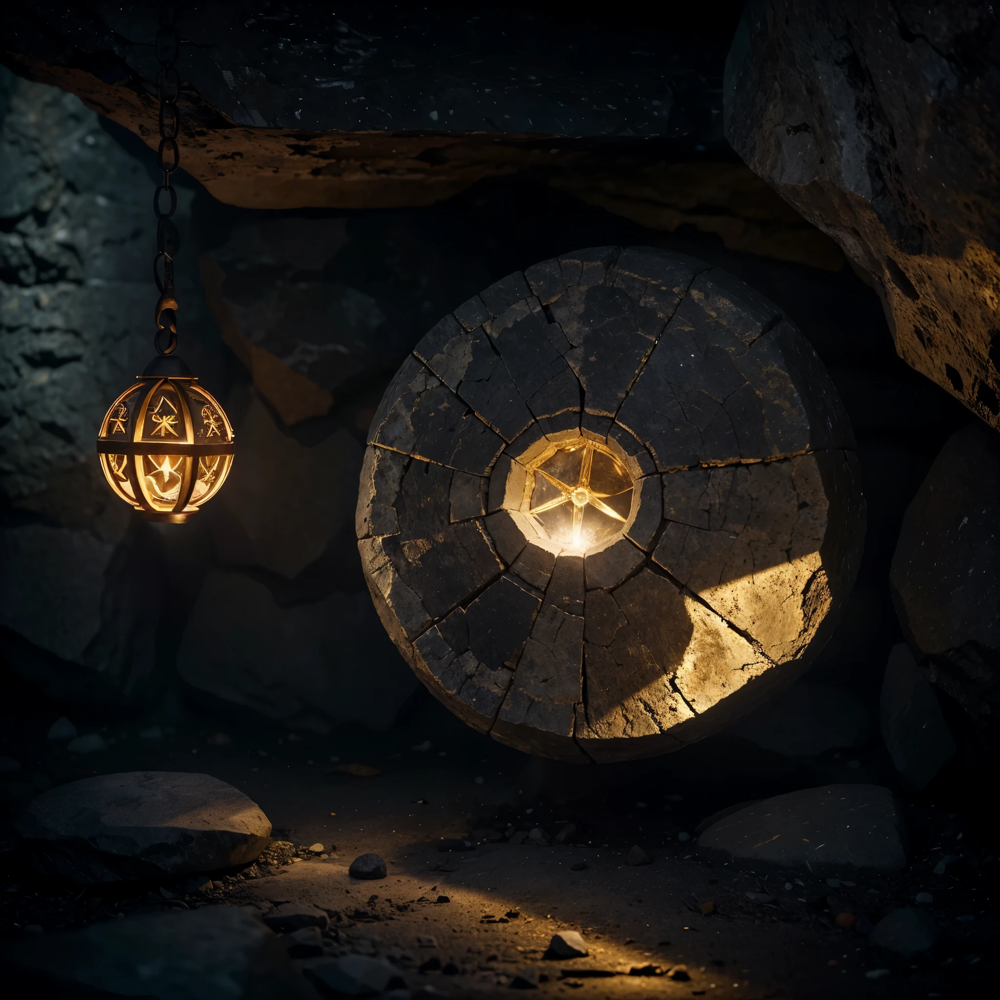 [best quality, highres, HDR, ultra-detailed, realistic:1.37], runic round stone with a blan space in the middle, rock wall, torch illuminated, mystical atmosphere, golden reflections, dramatic composition, dark ambiance, magical charm, intricate details, enchanting glow, ancient secrets, ancient power, mysterious aura, rugged stones, ethereal beauty, captivating allure, ornate design, divine craftsmanship, mesmerizing contrast, divine light, ancient symbolism, illuminating knowledge, mythical origins, sacred relic, mystical energy, suspended in time, transcendent vibrations.