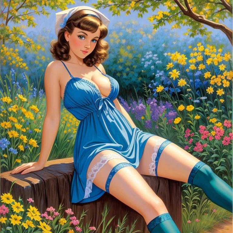 A sensual Rachel Cook, standing, leaning forward,  (((wearing a loose fitting short sundress, stockings, garter))), medium breasts, cleavage.  No panties, legs spread,(((Bright blue eyes))).  Full body portrait, pin-up painting from the '50s, in the art style of Alberto Vargas, Baron Von Lind, award-winning, masterpiece  