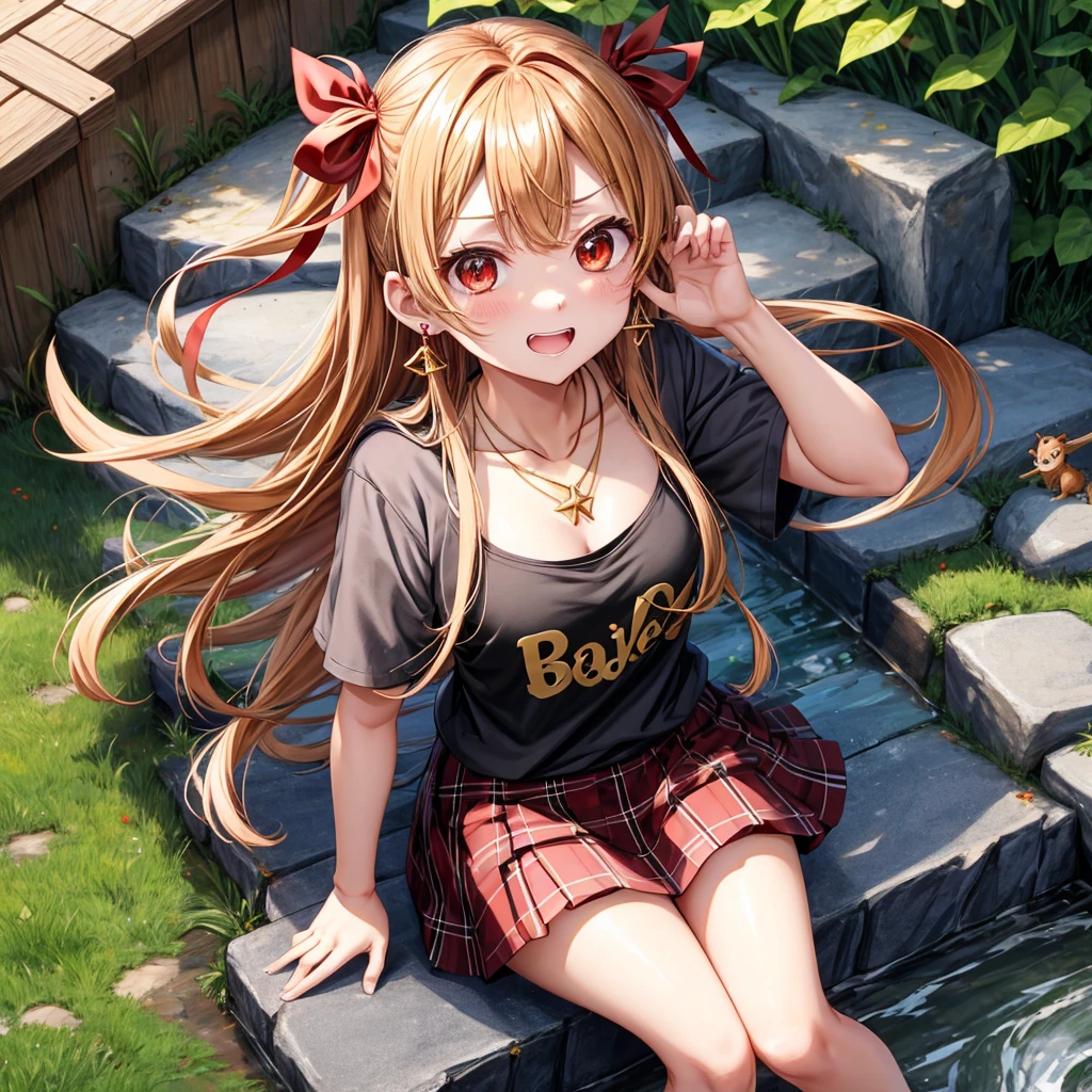 Brown, red, gold, golden hair、red eyes、one good looking girl、solo、anime、plaid mini skirt、black camisole、black t-shirt、hoodie、wearing a ribbon、ribbon at waist、Crystal Earrings、Gemstone Necklace、Light and shadow、Tilting face、teeth are visible、pillar、evil looking face、Kuroko、Diamond dust、grassland、Water running down the stairs、overflowing、Ants are walking、sulking、is increasing