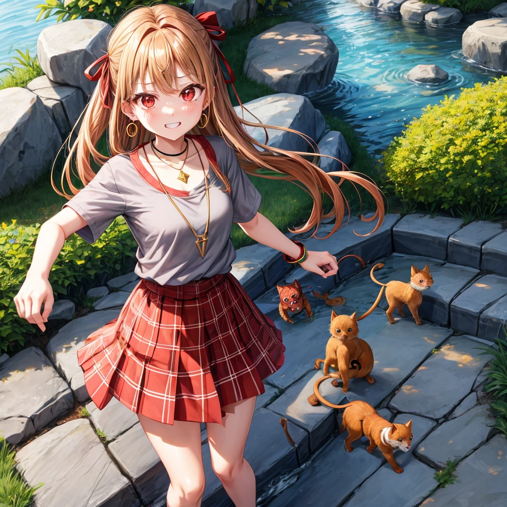 Brown, red, gold, golden hair、red eyes、one good looking girl、solo、anime、plaid mini skirt、black camisole、black t-shirt、hoodie、wearing a ribbon、ribbon at waist、Crystal Earrings、Gemstone Necklace、Light and shadow、Tilting face、teeth are visible、pillar、evil looking face、Kuroko、Diamond dust、grassland、Water running down the stairs、overflowing、Ants are walking、sulking、is increasing