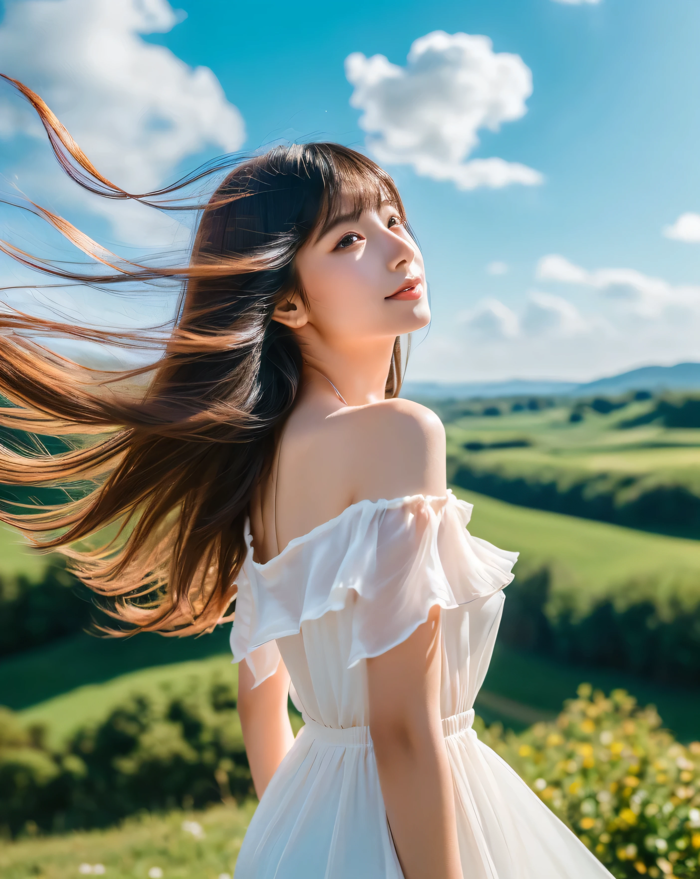 ((highest quality, 32k, High resolution, masterpiece:1.5, ), wonderful use of color, A nostalgic landscape, beautiful japanese girl, The sea continues to the horizon, 13 years old, shiny black hair, Glossy super long smooth hair, beautiful bangs, hair between eyes, Beautiful eyes like jewels, clearly double, Beautiful lips of pale pink, gentle smile, (White silk dress), off shoulder, mini skirt, Detailed and perfect clavicle, Beautiful chest in high resolution, ((High resolutionの美しい太もも, beautiful feet, Beautiful countryside, grassland, top of the hill, Colorful small flowers, soft sunlight, Blowing in the wind of fluttering hair, beautiful detailed sky, professional photographer, professional lighting, Professional models