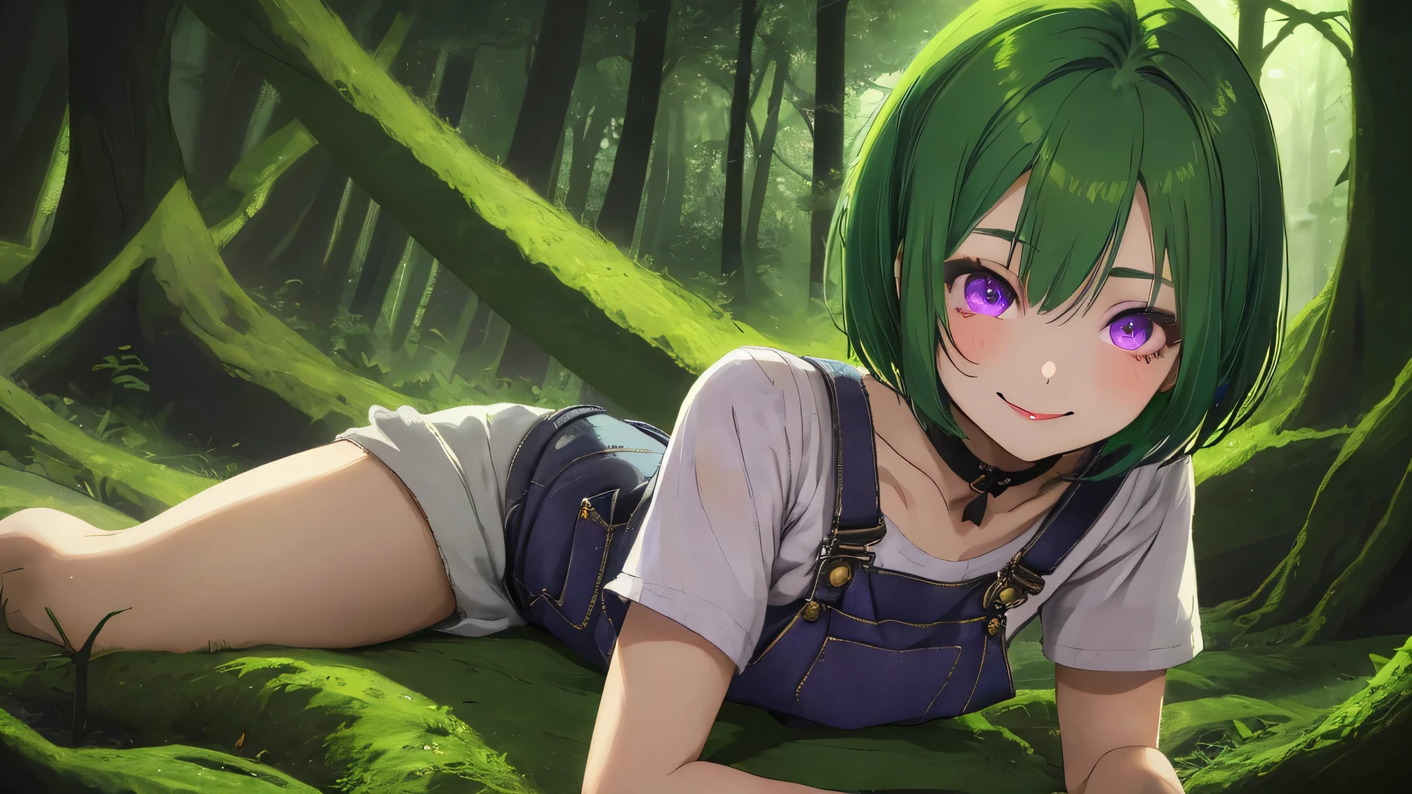 girl, 17 years old, Licking green hair, short haircut, purple eyes, short overalls, sexy costume, sensual, in the dark forest, looking at the viewer, sinister sensual smiling, slanted eyes