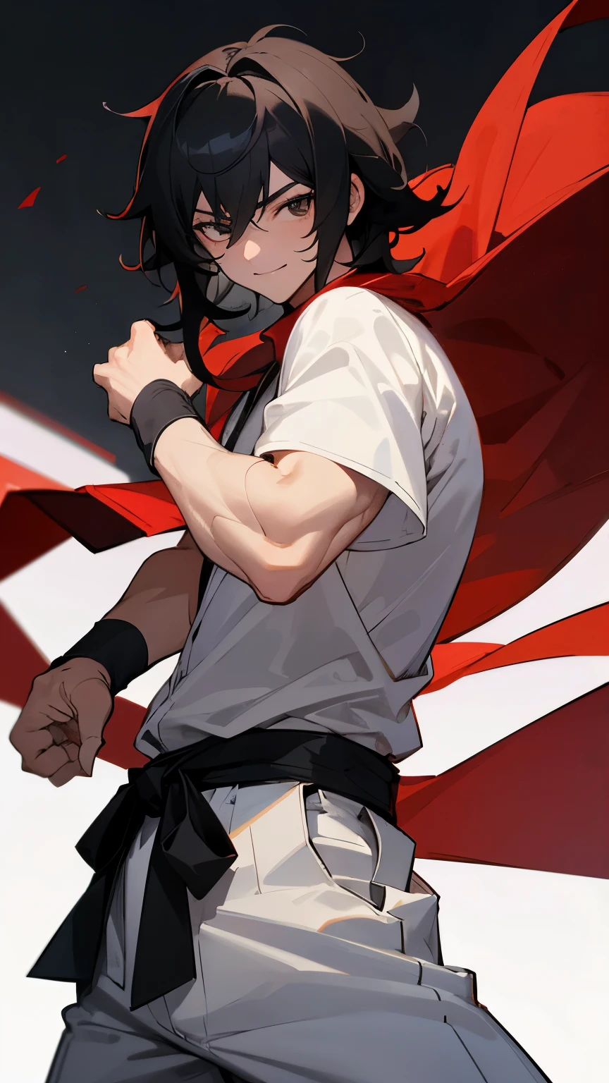 Yuichi hair , medium length hair, black hair , pointy hair , black eye , red fitted short sleeve shirt , white baggy pants , white wrist band , 1 man , muscular build , martial arts clothing , modern city background , Face the camera with both hands at your side , confident smile , Strong Pose ,  male