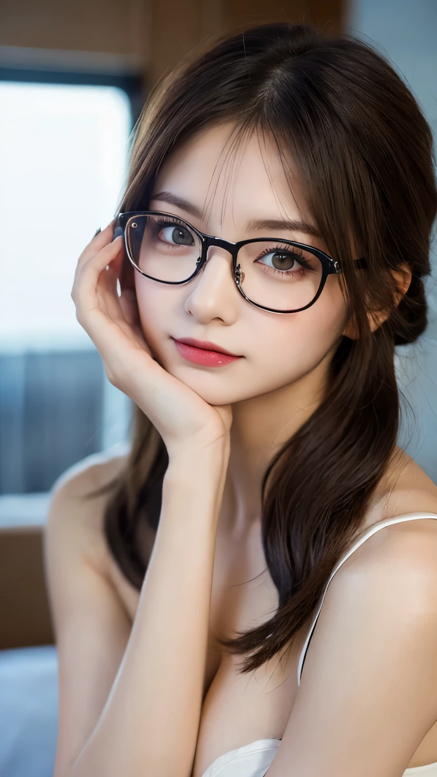 (masterpiece, highest quality, highest quality, )(8K,real photo,Raw photo)detailed face,detailed eyes,cute face,gal makeup,((glasses)),random hairstyle,sexy pose,sexy outfit,(small breasts:1.4),Upper body,looking at the camera