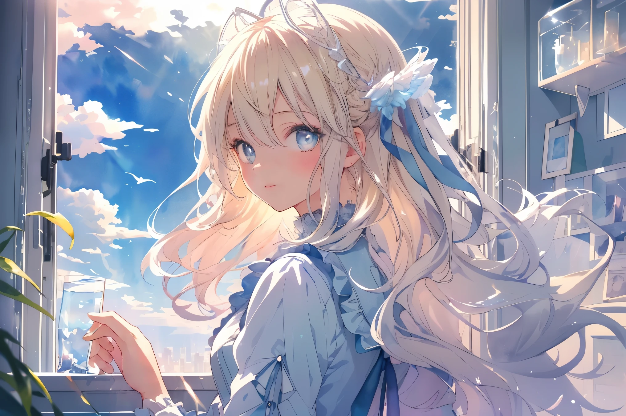 ((super detailed),sky background,beautiful clouds,The light from the back window is backlit.,element,Watercolor pattern in calm colors),(watercolor texture), ((1 girl),long gray hair,blonde hair,blue eyes,adorable,Angelic),light smile,ta prostitute,best image quality