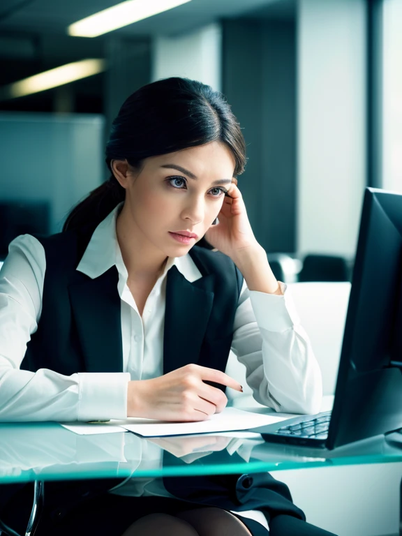 (best quality,4k,8k,highres,masterpiece:1.2),ultra-detailed,(realistic,photorealistic,photo-realistic:1.37),a woman in her 30s,sad expression,wearing a suit with a professional look,eyeline focused on the computer screen,office-like setting,computer,laptop,modern office,artificial lighting,subtle shadows,neutral colors,reflective glass table,stylish chair,clean and organized workspace,gentle backlighting,vivid colors,subtle gradients,finely detailed facial features,meticulously styled hair,focus on eyes,expressive gaze,careful attention to facial expressions,subtle reflections on the screen,slightly desaturated colors,to create a somber mood,crisp and sharp lines,professional attire with attention to detail,sophisticated and classy appearance,sitting upright with good posture,composed and introspective mood,abstract background elements to add depth and interest.