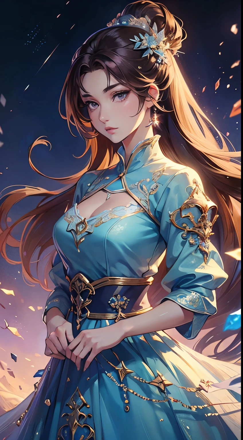 Adult girl, long brown hair, blue eyes, dragon horns, Chinese dress, masterpiece, high quality