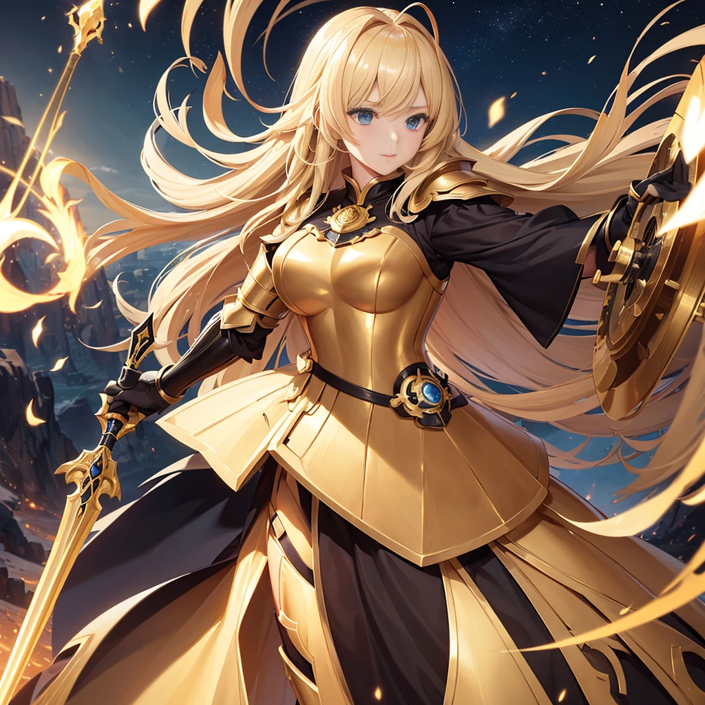 ((highest quality)), ((masterpiece)), (get used to it), perfect face, shoulder length blonde hair、28 year old female。He was clad in dazzling golden armor..、With a golden shield、Enemy Attack、Desperately trying to stop。
The background is、Round full moon behind。Sea of night