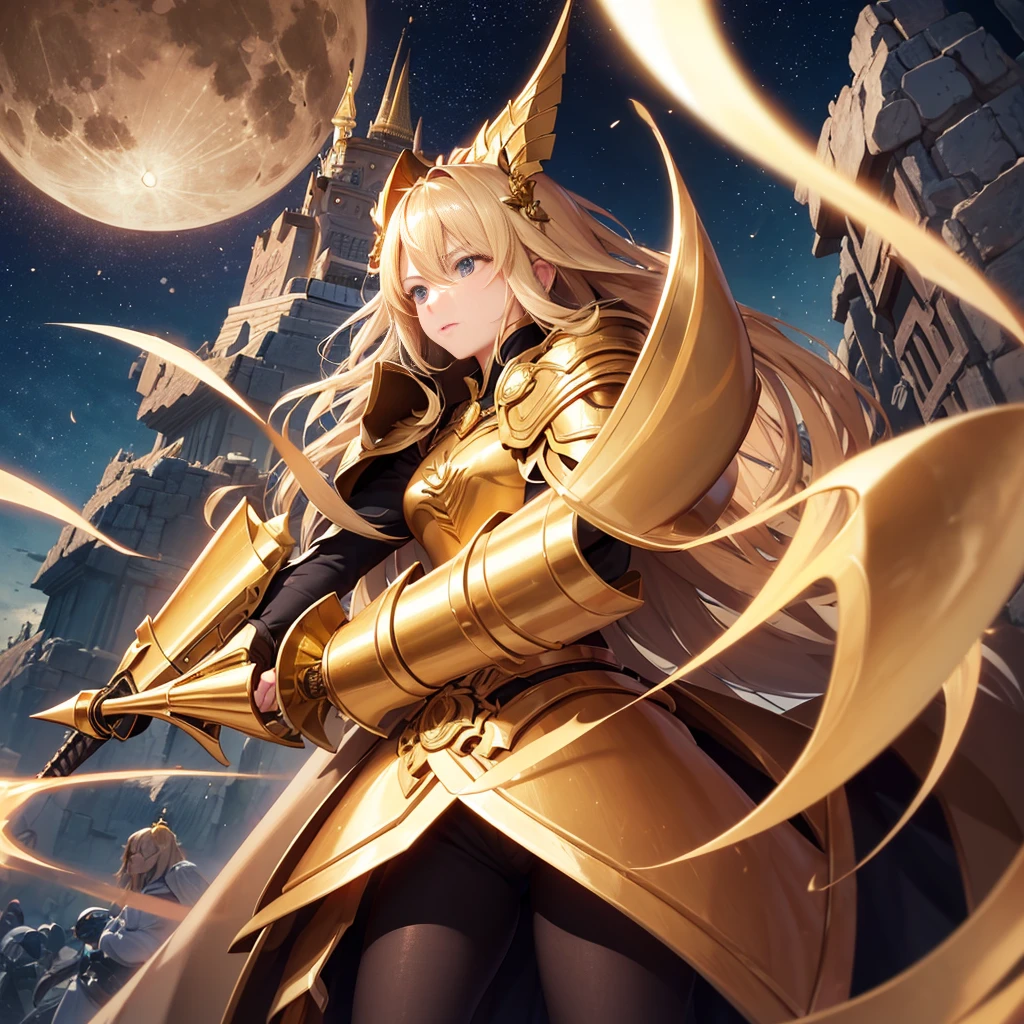 ((highest quality)), ((masterpiece)), (get used to it), perfect face, shoulder length blonde hair、28 year old female。He was clad in dazzling golden armor..、With a golden shield、Enemy Attack、Desperately trying to stop。
The background is、Round full moon behind。Sea of night