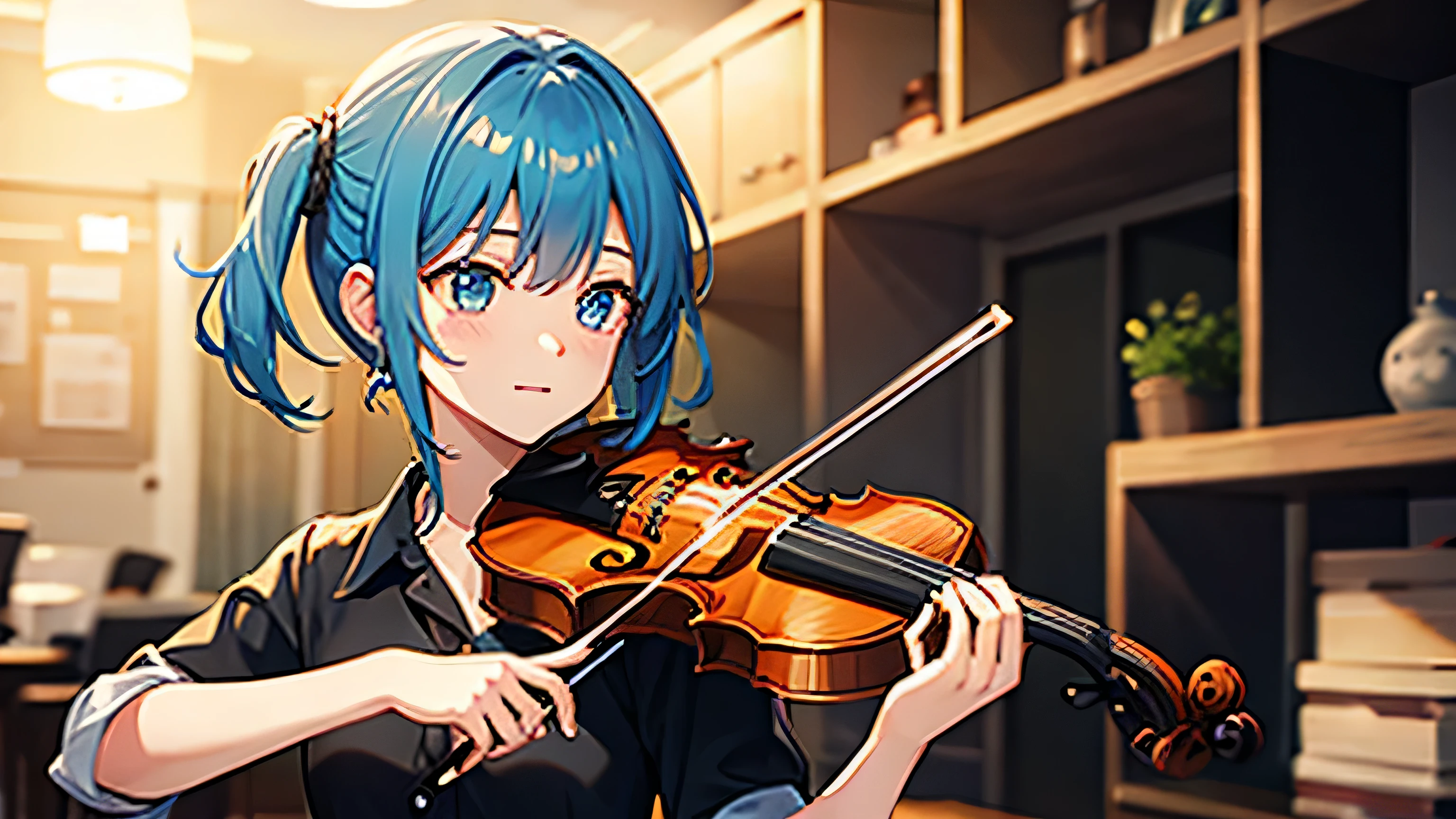 concert　violin　blue hair girl　Short　masterpiece　highest quality
