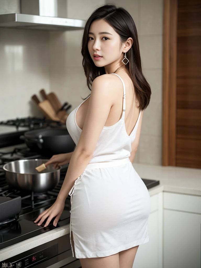 soft light,big,young girl,Asian,realistic face,plump body,realistic skin,confused,masterpiece,(cute:1.8), jewelry,Earrings Hesium Hair:1.1)), ((floating hair)),whole body, open lips, (smiling eyes:0.6), written boundary depth, blurred background, focus of the eye, 85mm lens, f/1.4,professional lighting, portrait,photon mapping,kitchen,Cooking、Transparent white apron,big breasts,My chest is rubbed by a man、Close your eyes and feel、From the back、The ass is see-through