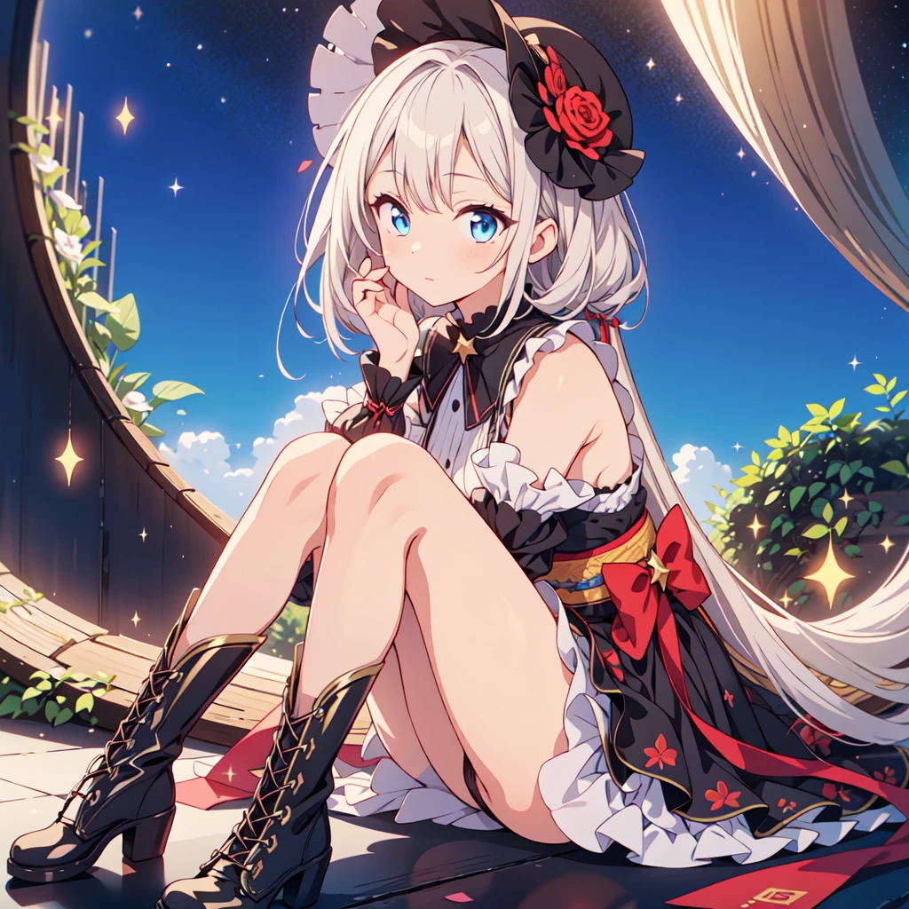 Star Fairy、(masterpiece, best quality), 1girl, sitting on the crescent moon、「A beautifully printed galaxy patterned kimono and gothic ta outfit.、Space pattern box pleated mini skirt with ruffles、Front view portrait、Knee-high boots、enchanting eyes、Perfect and stunning face、exquisite details、clear image、highest quality。」Milky white and light blue gradient long straight hair、