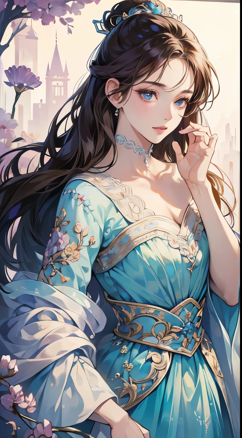 (best quality,4k,ultra-detailed,anime:1.2),sharp focus,vividly portrayed artwork,fantasy art,dreamlike background,a woman in her prime,flawless complexion,beautiful light brown eyes,detailed and intricate:1.5,glossy violet hair:1.5,stunningly detailed light blue dress:densely detailed:1.3),take a look here:1.5,exquisite embroidery,luxurious accessories