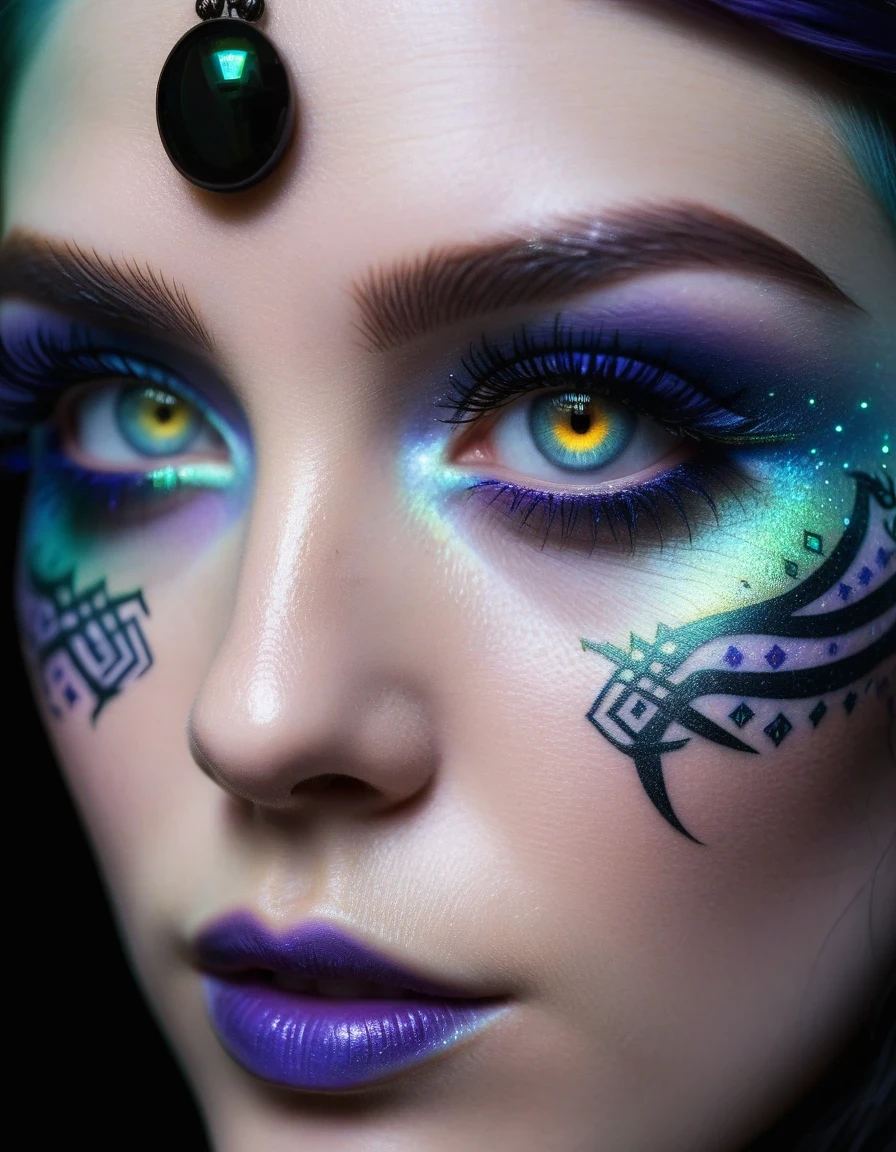 extreme close up of a woman’s eyes, opalescent irises, irises have highly detailed glowing Nordic runes tattooed to the irises, long dark eyelashes, glowing Nordic runes on cheeks and eyebrows, cyberpunk, goth,