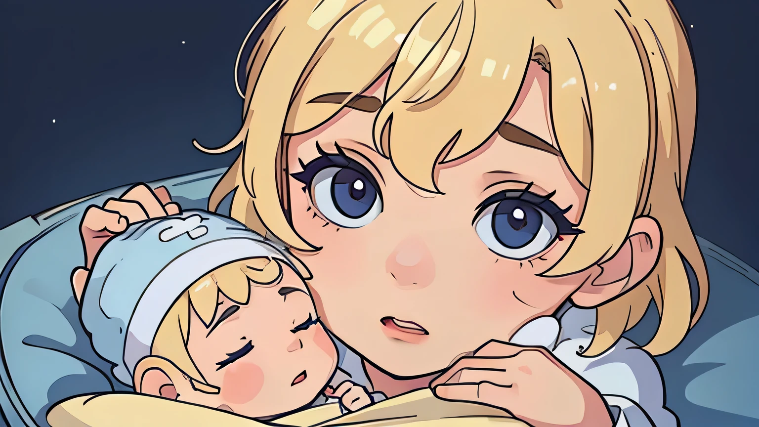 (((Mother and son,My son is a newborn baby.)))、((Highest quality、Masterpiece、Official Art、The best dynamic composition))、They both have a mixture of blue and white hair.、She is happily stroking the baby's cheek.、Heartwarming、happiness、A sparkling world、