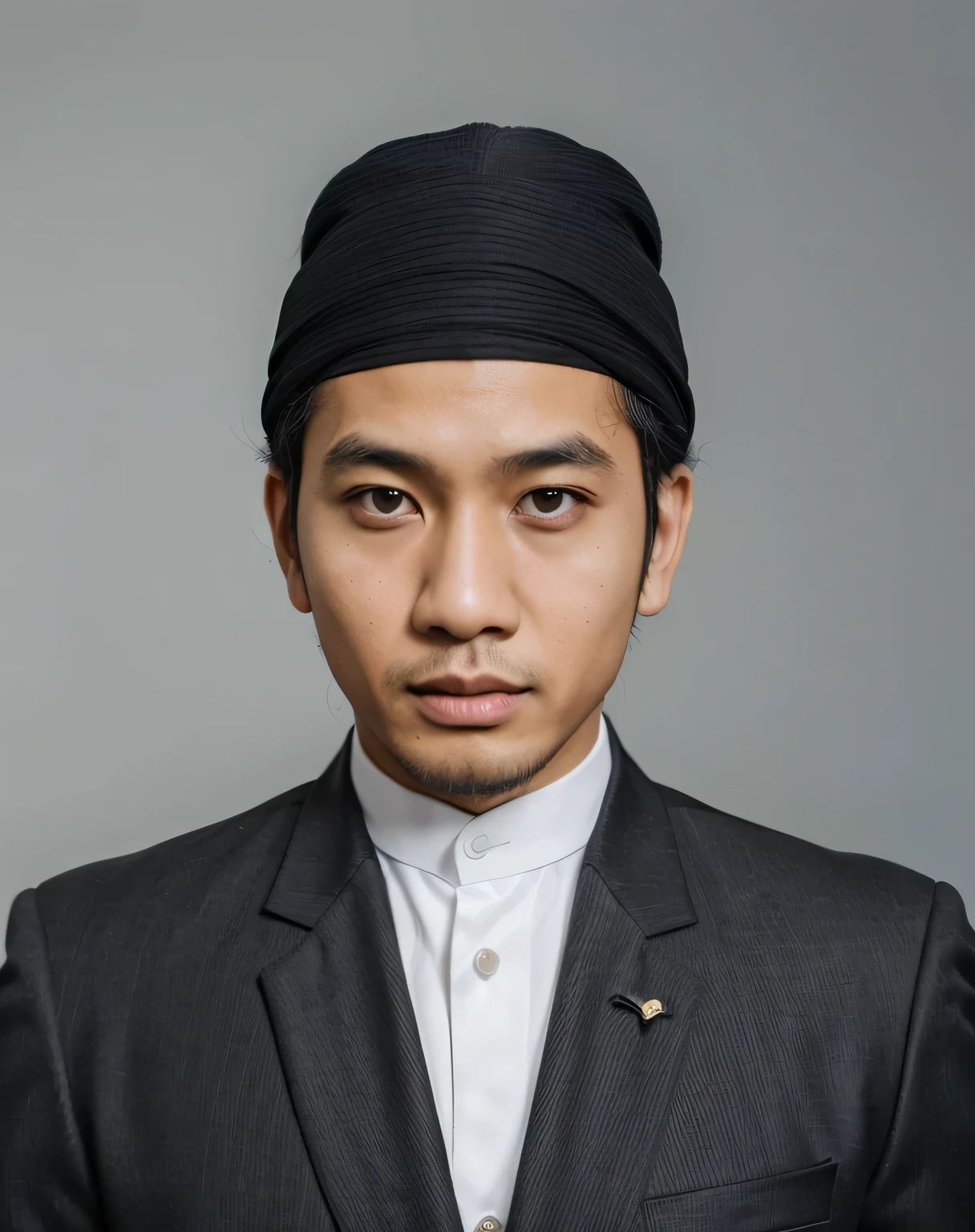 Hyper realistic, indonesian moeslim man, black suit with black peci