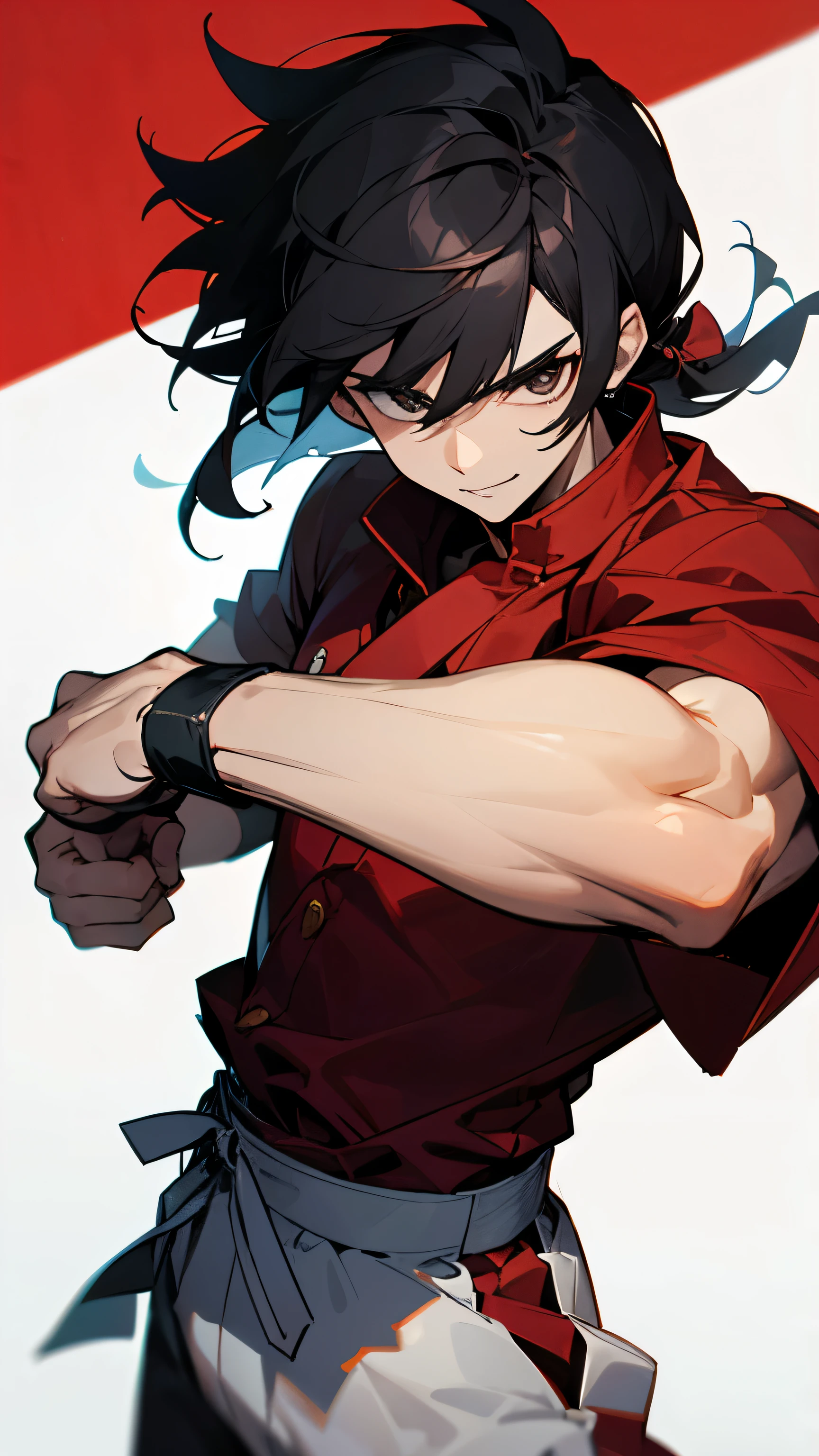Yuichi hair , medium length hair, black hair , pointy hair , black eye , red fitted short sleeve shirt , white baggy pants , white wrist band , 1 man , muscular build , martial arts clothing , modern city background , Face the camera with both hands at your side , confident smile , Strong Pose , male