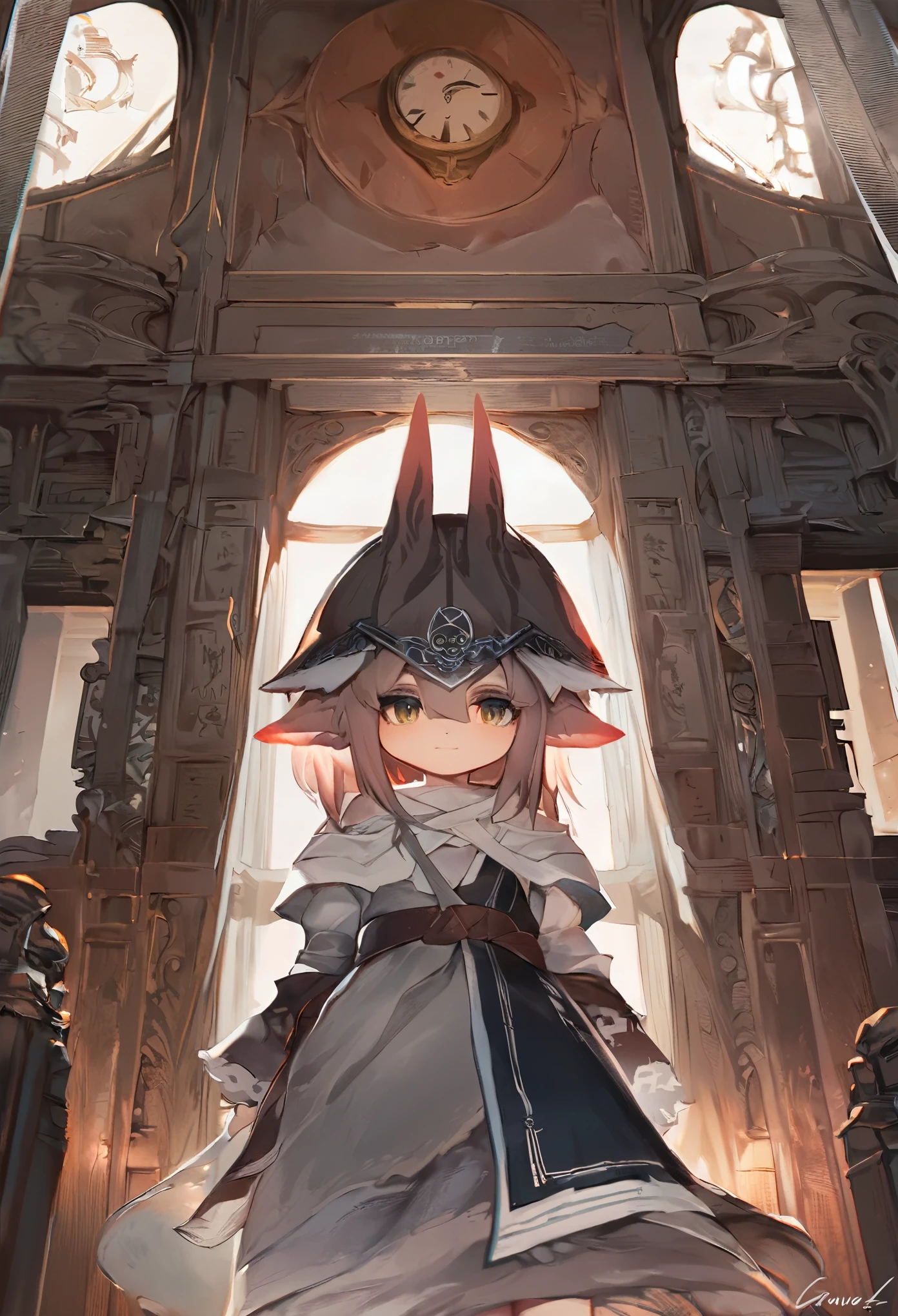 cover page, highres, top quality, best quality, paid reward available, unparalleled masterpiece, perfect artwork, absurdres, High-quality illustrations, super high resolution, detailed background, perfect anatomy(kemono, furry anthro)anime - style scene of a woman in a room with a clock, trending on artstation pixiv, 2. 5 d cgi anime fantasy artwork, zerochan art, kawacy, guweiz on pixiv artstation, anime fantasy illustration, lalafell, guweiz on artstation pixiv, from arknights, anime fantasy artwork,