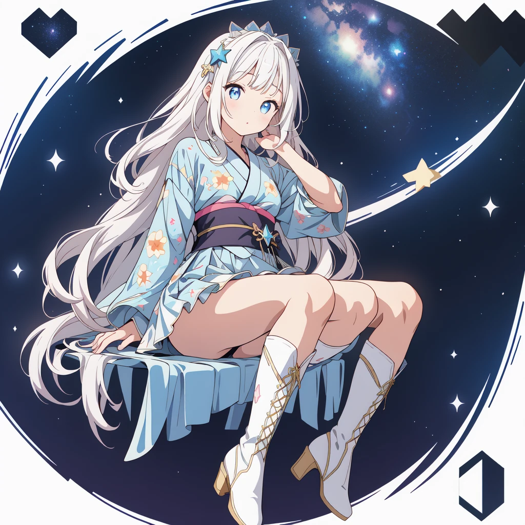 Star Fairy、(masterpiece, best quality), 1girl, sitting on the crescent moon、「A beautifully printed galaxy patterned kimono and gothic ta outfit.、Space pattern box pleated mini skirt with ruffles、Front view portrait、Knee-high boots、enchanting eyes、Perfect and stunning face、exquisite details、clear image、highest quality。」Milky white and light blue gradient long straight hair、