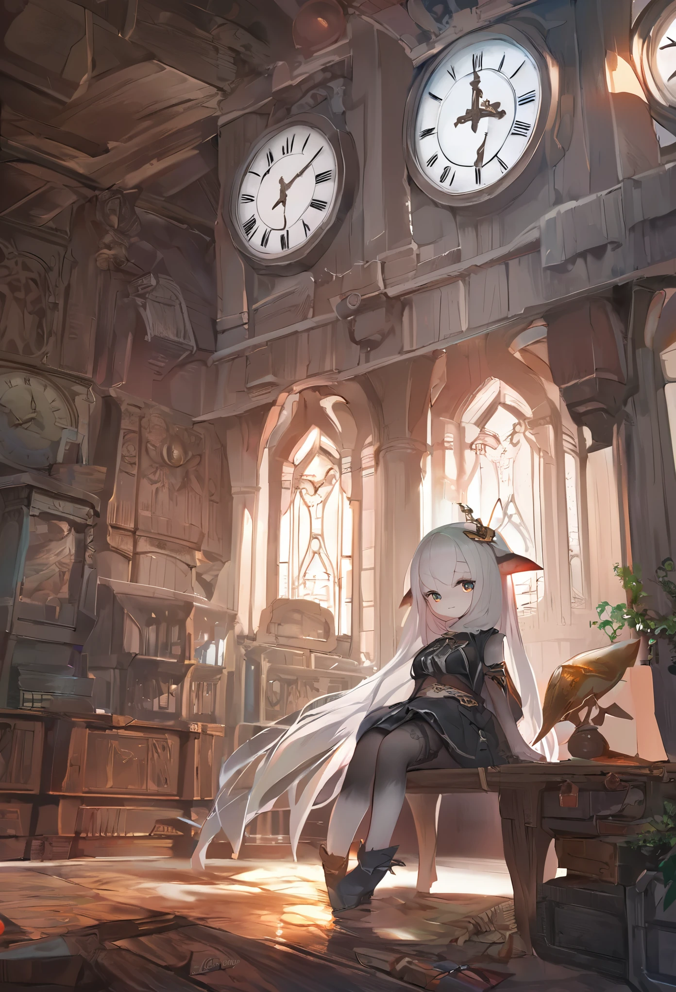 cover page, highres, top quality, best quality, paid reward available, unparalleled masterpiece, perfect artwork, absurdres, High-quality illustrations, super high resolution, detailed background, perfect anatomy(kemono, furry anthro)anime - style scene of a woman in a room with a clock, trending on artstation pixiv, 2. 5 d cgi anime fantasy artwork, zerochan art, kawacy, guweiz on pixiv artstation, anime fantasy illustration, lalafell, guweiz on artstation pixiv, from arknights, anime fantasy artwork,