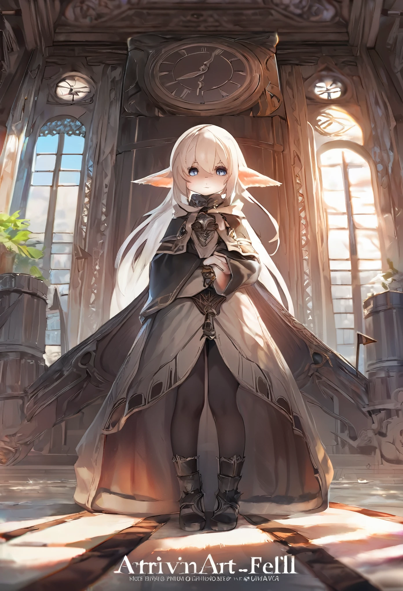 cover page, highres, top quality, best quality, paid reward available, unparalleled masterpiece, perfect artwork, absurdres, High-quality illustrations, super high resolution, detailed background, perfect anatomy(kemono, furry anthro)anime - style scene of a woman in a room with a clock, trending on artstation pixiv, 2. 5 d cgi anime fantasy artwork, zerochan art, kawacy, guweiz on pixiv artstation, anime fantasy illustration, lalafell, guweiz on artstation pixiv, from arknights, anime fantasy artwork,