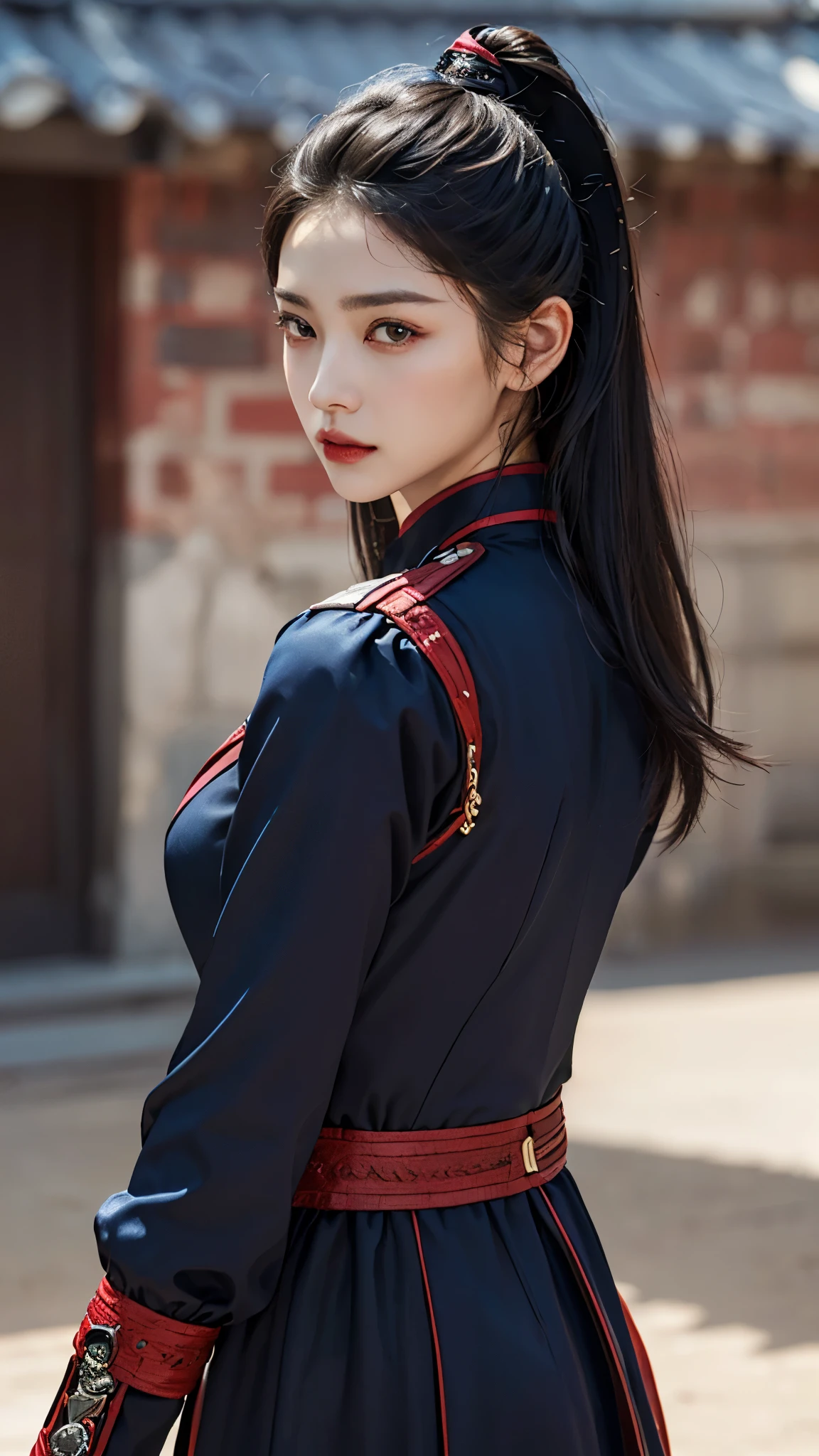 (masterpiece, top quality, 8k, best quality, official art, beautiful and aesthetic:1.2), woman in her 20s, brilliant colors, 1700s Joseon background, safe, Fierce Eyes, martial arts, (big bust:1.4), I&#39;m wearing a full lip,female general, safe