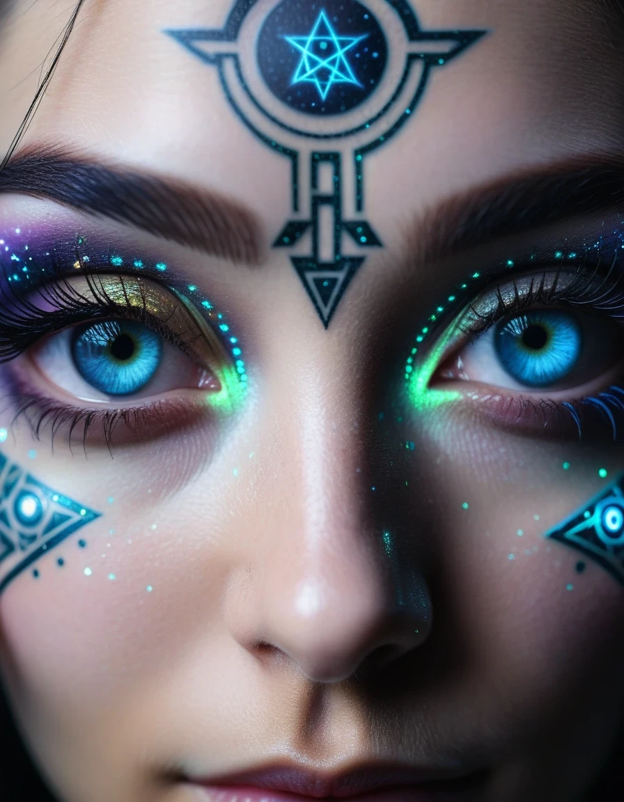 Extreme close-up of a woman's eyes, milky iris with highly detailed glowing constellation runes tattooed on the iris, long dark eyelashes, glowing constellation runes on cheeks and eyebrows, cyberpunk, gothic,