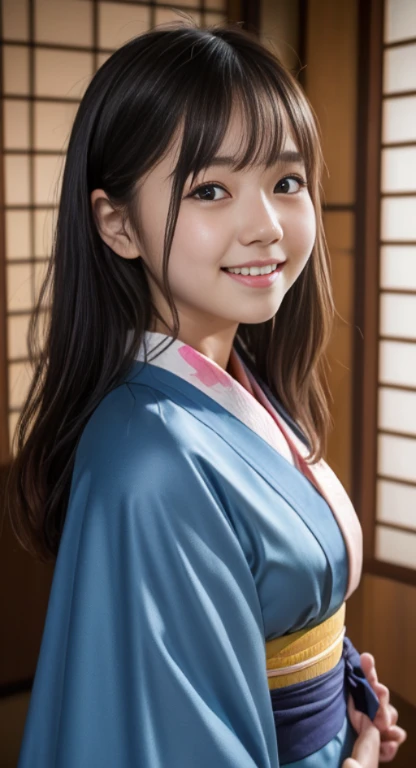 (top-quality、​masterpiece:1.2)、Best Quality、realisitic、photoshot、hight resolution、1080p、8K、Textured skin、Physical Rendering、1 Japan Girls、a junior high school student、kawaii、Young Face、Rolled hair、(japanese kimono:1.5)、fullmoon、Night、full of shyness、smil、Big