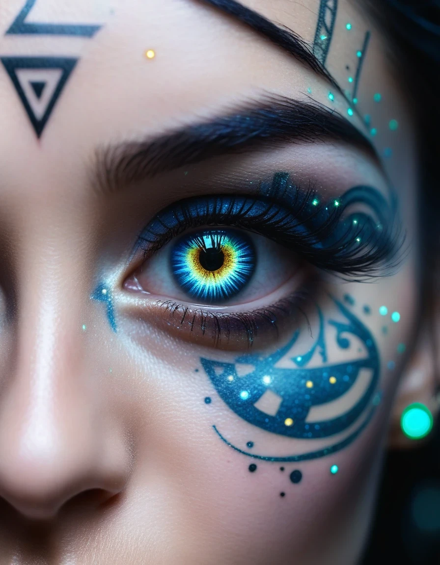 Extreme close-up of a woman's eyes, milky iris with highly detailed glowing constellation runes tattooed on the iris, long dark eyelashes, glowing constellation runes on cheeks and eyebrows, cyberpunk, gothic,