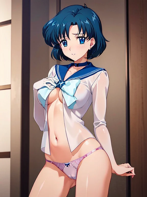 1girl in, lightsmile, Shiny skin, Best Quality, masutepiece, (Game CG:1.4), NSFW, Detailed beautiful face and eyes,big breasts、Lingerie with a small area, sailorvenus, I could feel the battle, Serious, Cowboy Shot、large full breasts、((Best Quality)), (Ultra-detailed), (extremely detailed CG unified 8k wallpaper), Highly detailed, High-definition raw color photos, Professional Photography, ((Beautiful big breasts)), Amazing face and eyes, (Uniform with open chest), (See-through panties:1.2), Cameltoe, Open legs