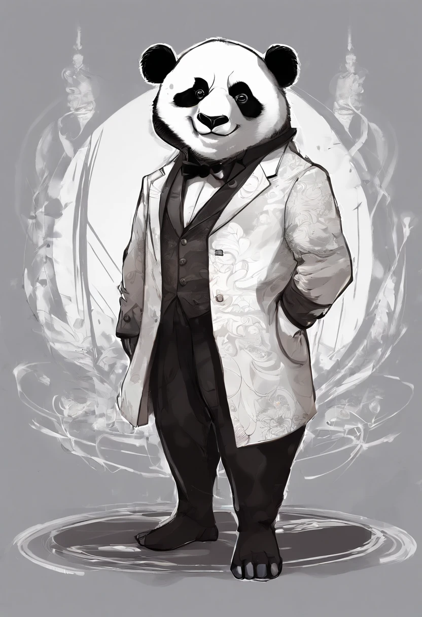 anthropomorphic panda, de cuerpo entero, vestido formalmente con un blazer, sostiene una bandeja, pegatina de panda, sticker de panda.