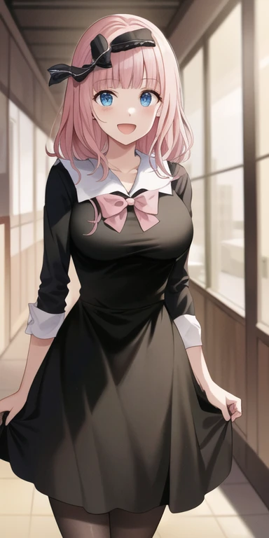 2d, masterpiece, best quality, anime, highly detailed, cowboy shot, 1girl, solo, fujiwara chika, blue eyes, pink hair, hair bow, black bow, , summer uniform, large breasts, standing, indoors, hallway, :d