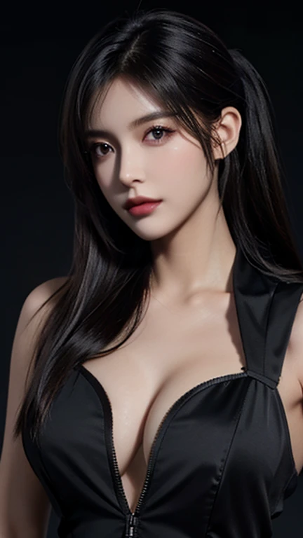 Best Quality, Masterpiece, Perfect Body Beauty, cinematic lighting, black shirt, Highly detailed face and skin texture, Detailed eyes, perfect face, looking at viewer, ((Dark background)), open mouse, straight Bangs, ((Exposed cleavage)), pony tail,
