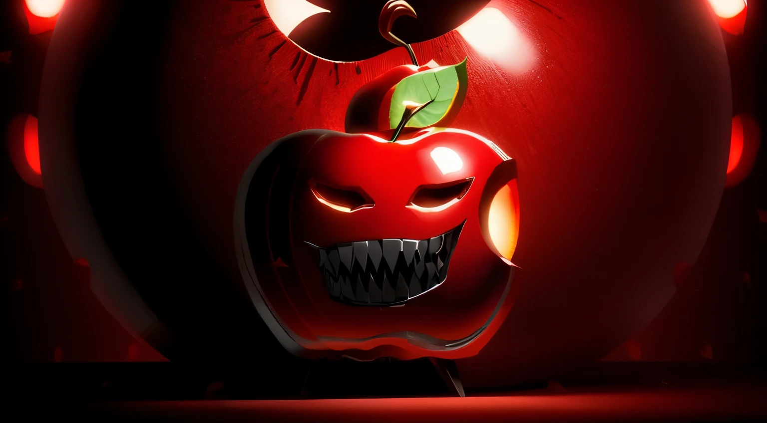 an evil apple with a sewn on leather face and wide open mouth full of sharp teeth attacking forward 