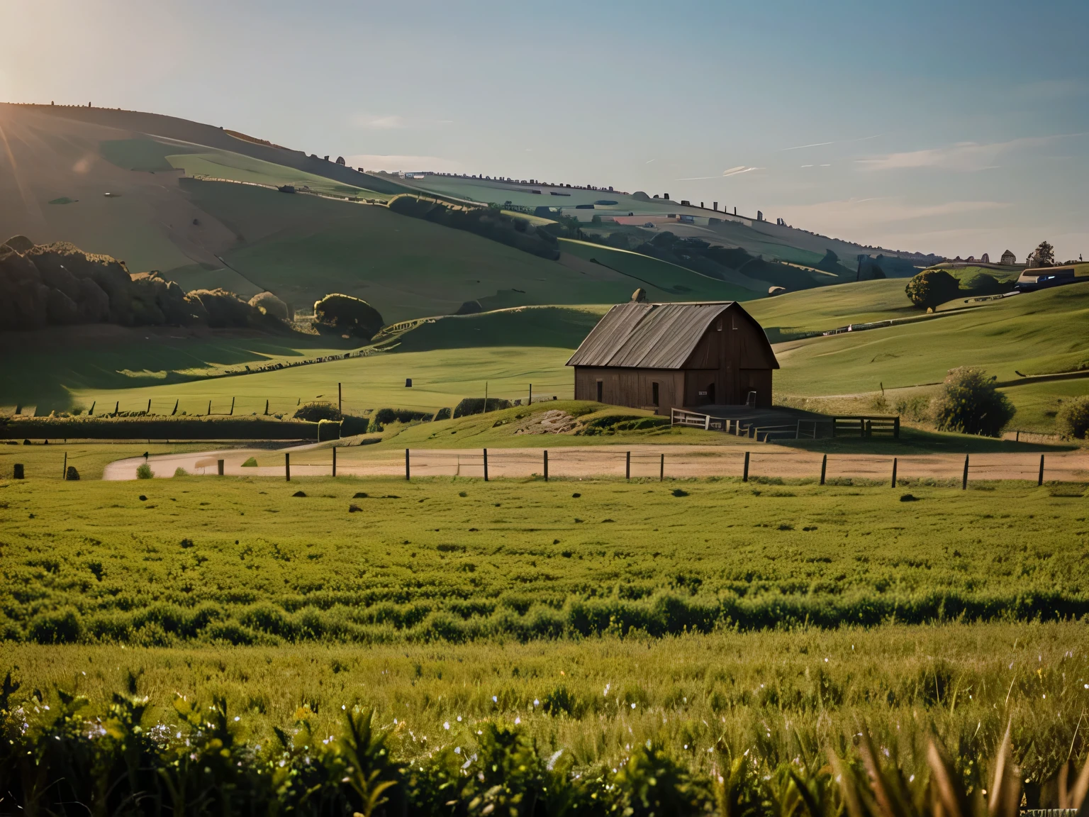 photo of a barn in a field in Turkey, view from afar, atmospheric perspective view from afar, UHD, masterpiece, anatomically correct, super detail, high details, high quality, best quality, sunny day