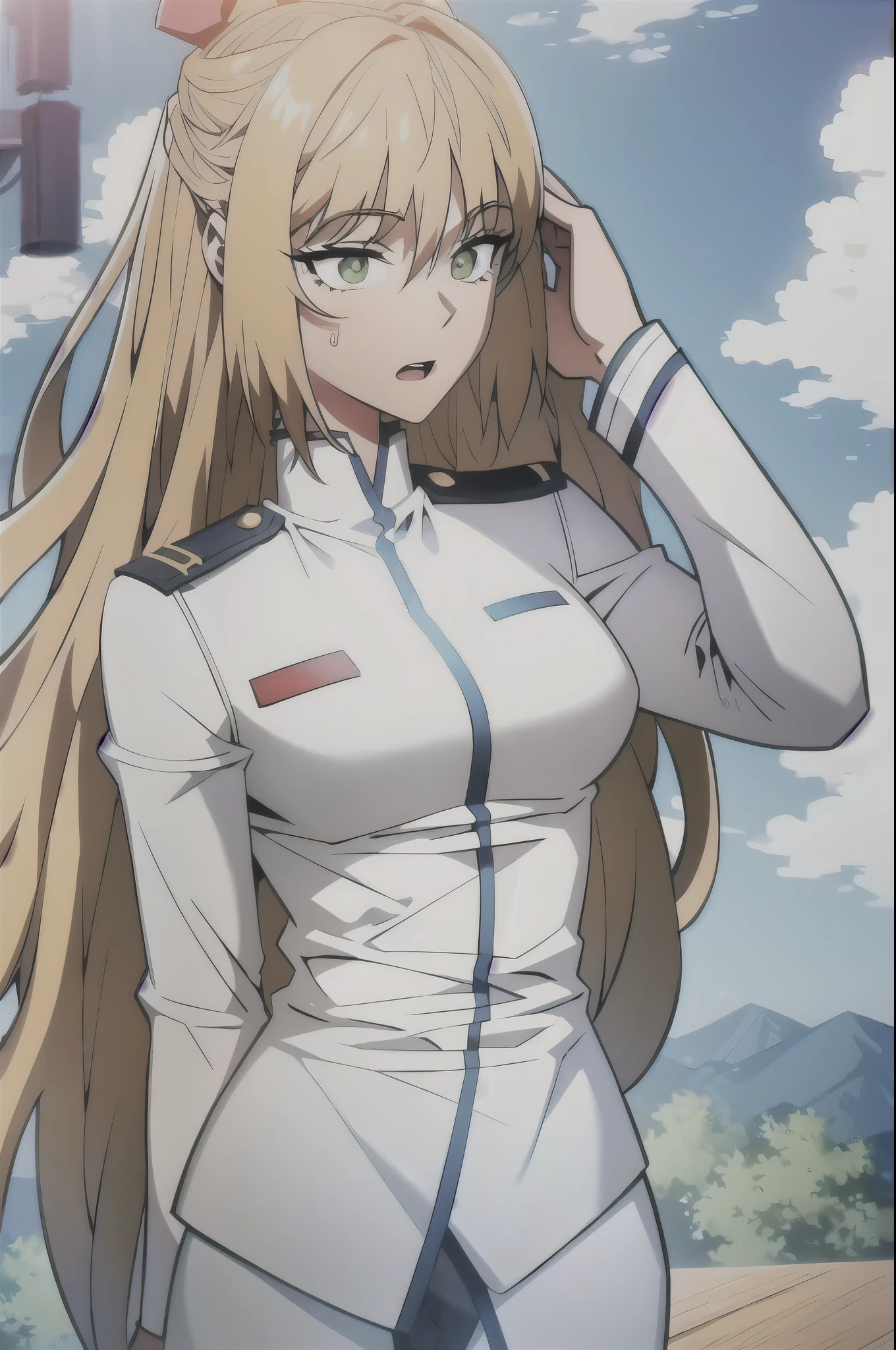 (masterpiece, best quality:1.2), 1girl, solo, blonde hair, green eyes,full body,white uniform