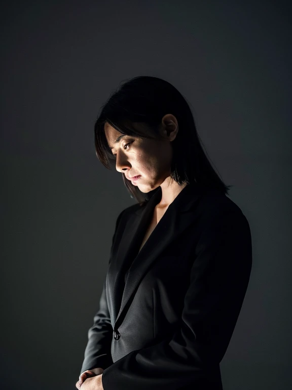 woman in her 30s　Sad look in the dark　hold one&#39;s head　suit figure