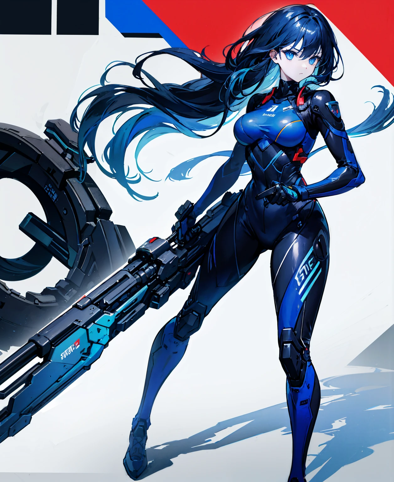 no background,girl,carry a firearm,Enamel-like tight suit,use of firearms,dark blue long hair,attention arousal,blue colored eyes,no gradation