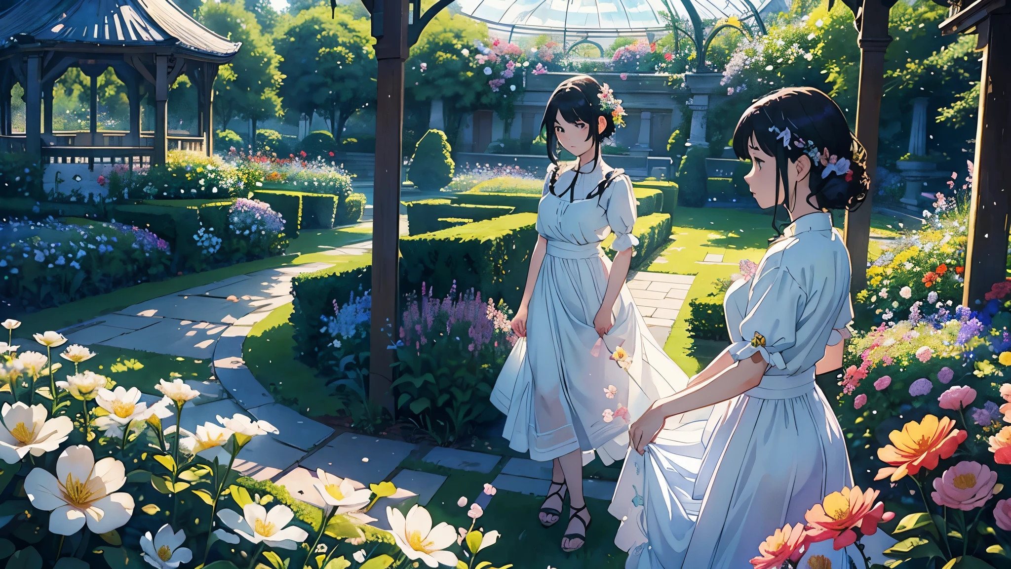 (highest quality、masterpiece、High resolution)、(Sargent style watercolor)、(anime art)、(three women)、18-year-old、Admiring the flowers、Holding a potted flower、medium short hair、black hair、braided hair、White blouse and long skirt、cinematic light、soft light、A botanical garden in a giant glass dome、squirt、gazebo、(lots of flowers)、A garden with dancing petals、butterfly々is flying、blur the background、