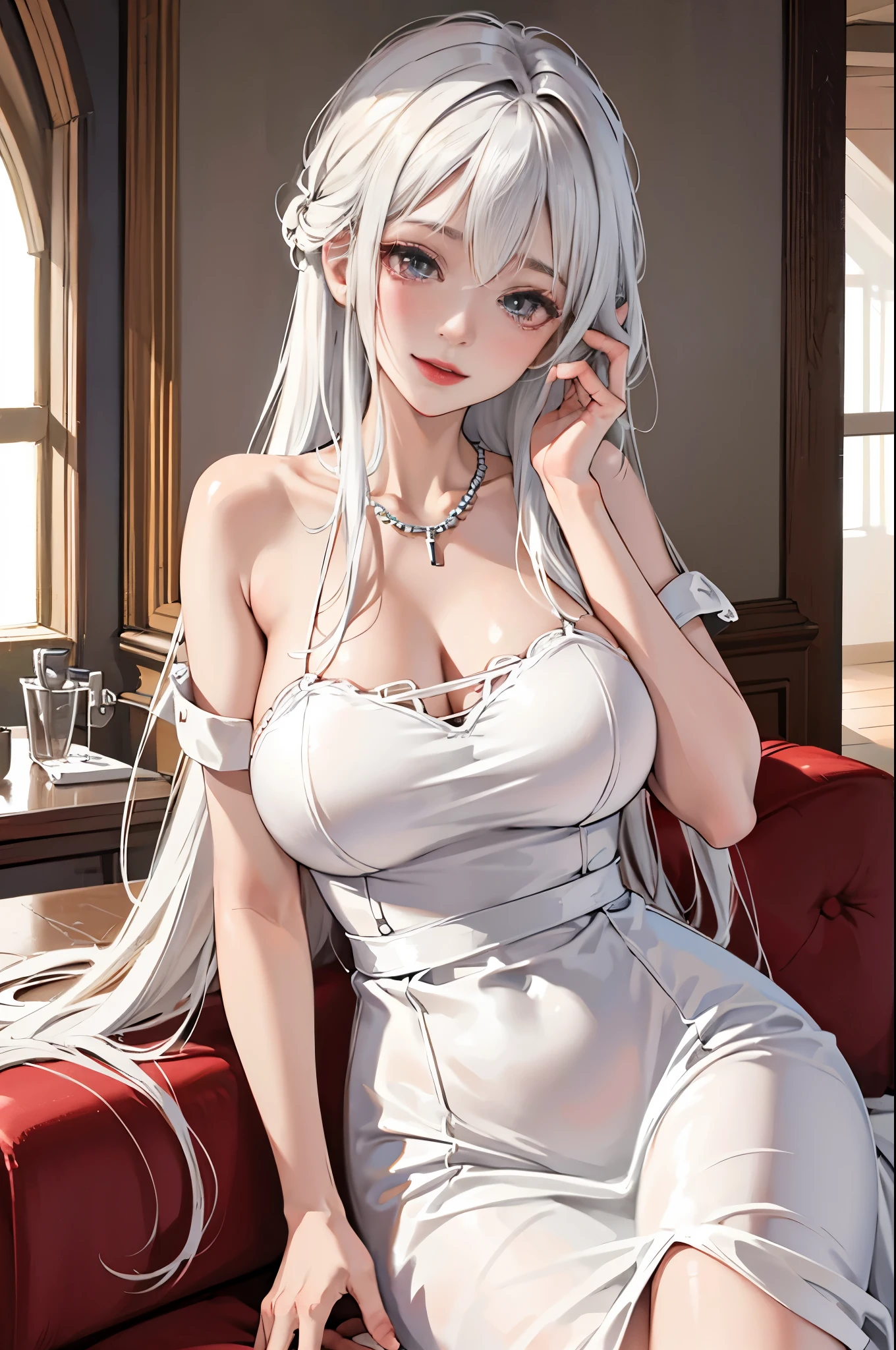1girl,solo,eyeliner,(bright red lips:0.9),(blush:0.7),sagging breasts,hanging breasts,(huge breasts),nsfw,happy,smile,looking at viewer,head tilt,spread legs,pussy,nsfw,ruanyi0254,jewelry,necklace,white dress,wedding dress,masterpiece,official art,best quality,photorealistic,ultra highres,RAW photo,goddess,white hair,blush,(smile:0.8),upper body,(high detailed skin:1.2),8k uhd,dslr,soft lighting,high quality,film grain,Fujifilm XT3,