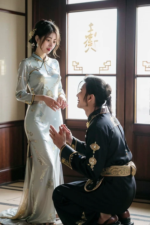 ((best quality)), ((masterpiece)), (detailed), perfect face、Enchanted body

((Satomi Ishihara、best proportions、Satomi Ishihara、semi-long、cheongsam、hair ornaments、ancient chinese hairstyle、earrings、China Hairstyle、Engagement Rings、necklace、bangles、黒cheongsam、luxury accessories、black cheongsam dress、vintage、gold embroidery、black clothes、Long slit、smile、Being proposed to、Chineseからプロポーズされる、To be loved、Satomi Ishihara)）

((Chinese、male、propose、propose marriage、Satomi Ishiharaを熱愛))