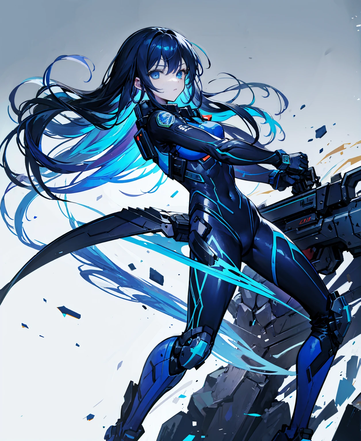 no background，girl，carry a firearm，Enamel-like tight suit，use of firearms，dark blue long hair，attention arousal，blue colored eyes,no gradation