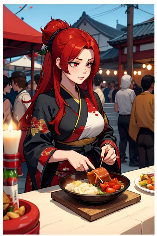 A red haired woman with red eyes with an hourglass figure in a conservative traditional kimono is eating food in a festival
