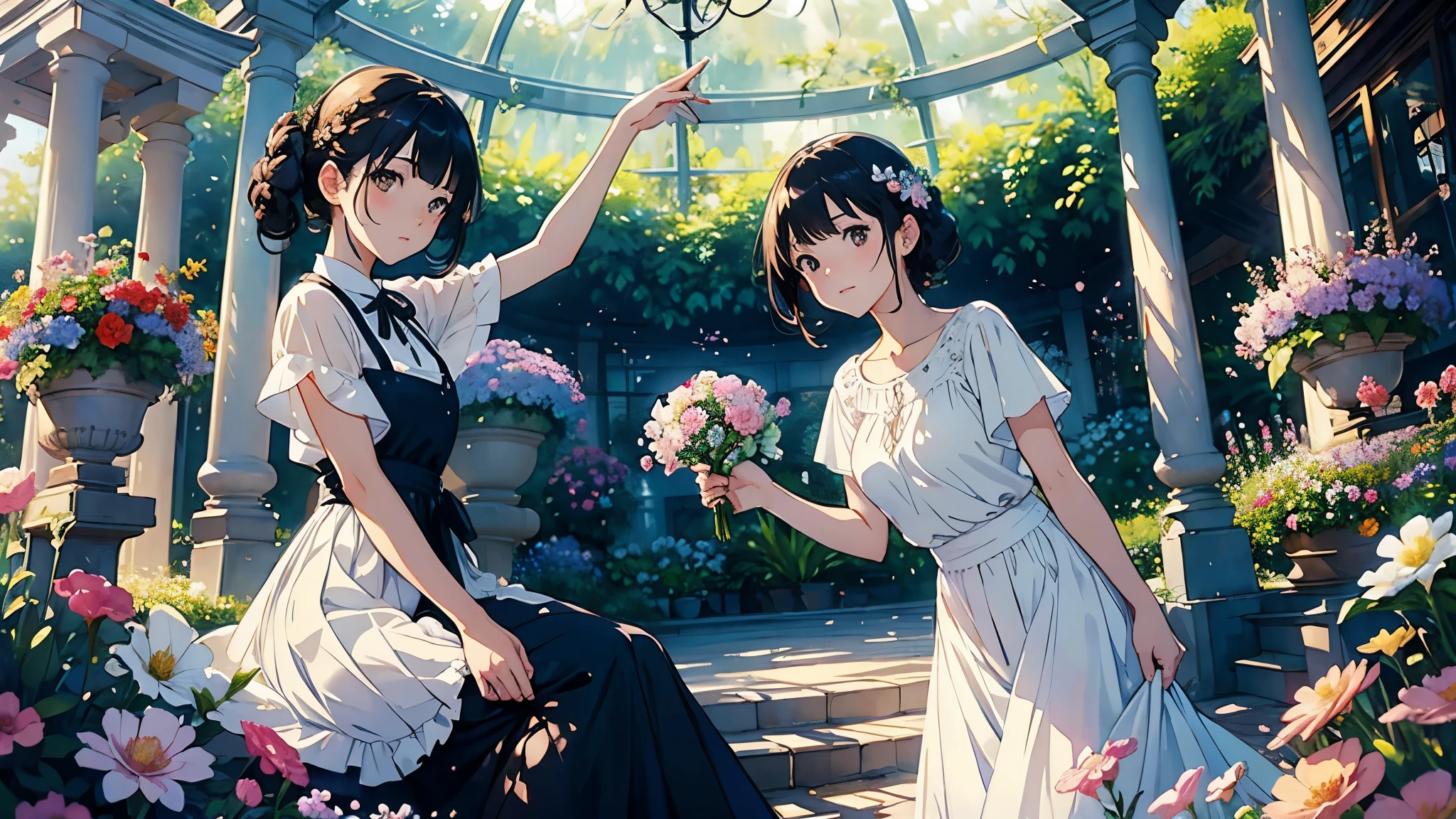 (highest quality、masterpiece、High resolution)、(Sargent style watercolor)、(anime art)、(two women)、18-year-old、Admiring the flowers、Holding a potted flower、medium short hair、black hair、braided hair、White blouse and long skirt、cinematic light、soft light、A botanical garden in a giant glass dome、squirt、gazebo、(lots of flowers)、A garden with dancing petals、butterfly々is flying、blur the background、